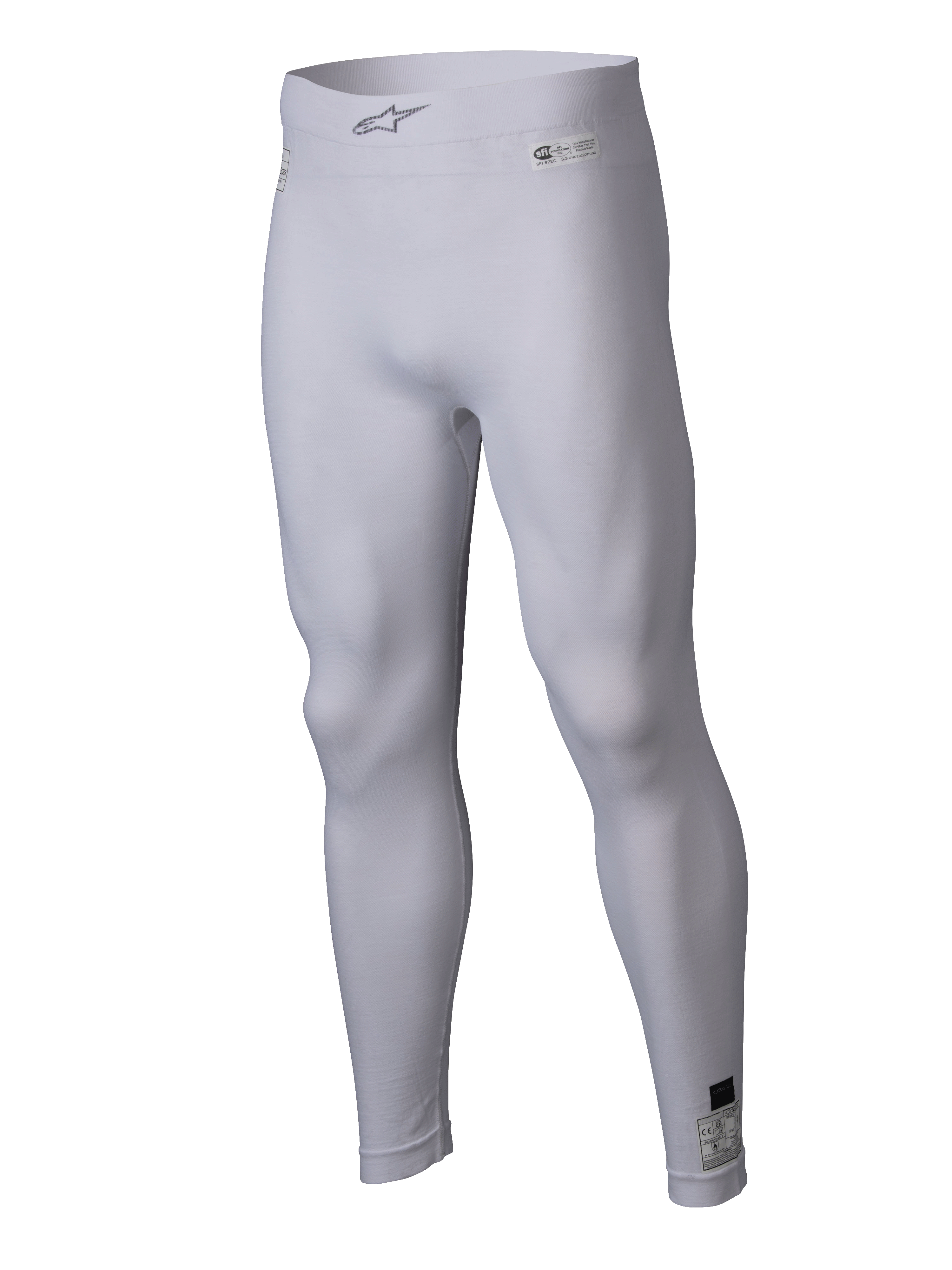 Alpinestars ZX Evo V3 Bottom, camada de base branca para automobilismo, leggings de compressão resistentes ao fogo, com o logótipo Alpinestars na cintura elástica e etiquetas de certificação, tecido leve e elástico para performance em desportos motorizados