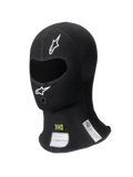 Alpinestars ZX Balaclava Evo V2 FIA/SFI, balaclava de corrida preta, abertura única para os olhos com logótipos brancos, etiquetas de certificação FIA e SFI visíveis no pescoço, tecido técnico resistente às chamas para automobilismo profissional