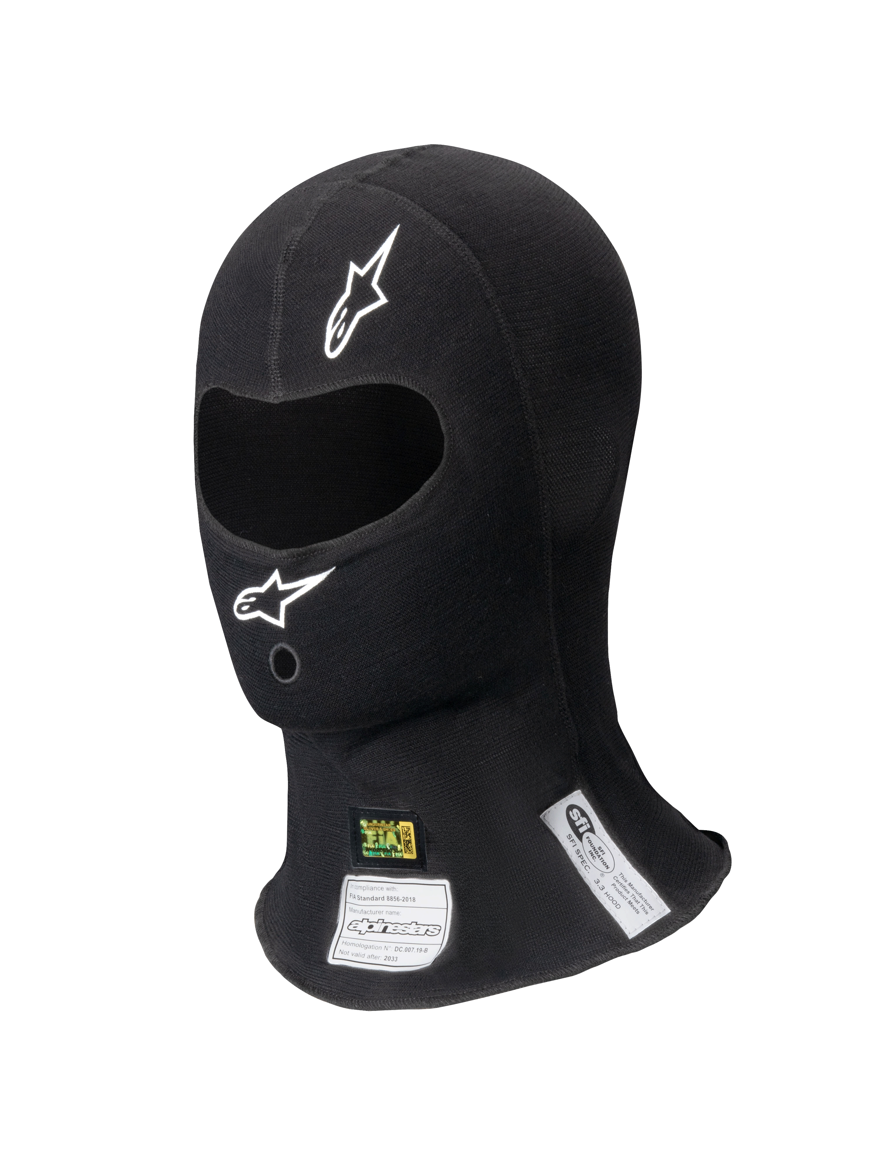 Alpinestars ZX Balaclava Evo V2 FIA/SFI, balaclava de corrida preta, abertura única para os olhos com logótipos brancos, etiquetas de certificação FIA e SFI visíveis no pescoço, tecido técnico resistente às chamas para automobilismo profissional