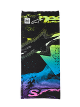 Alpinestars Buff Ignite Neck Tube, preto com grafismos abstratos em cor-de-rosa, amarelo, azul e roxo fluorescentes, com o logótipo da estrela Alpinestars e a marca Buff, pescoceira leve e sem costuras para motociclismo