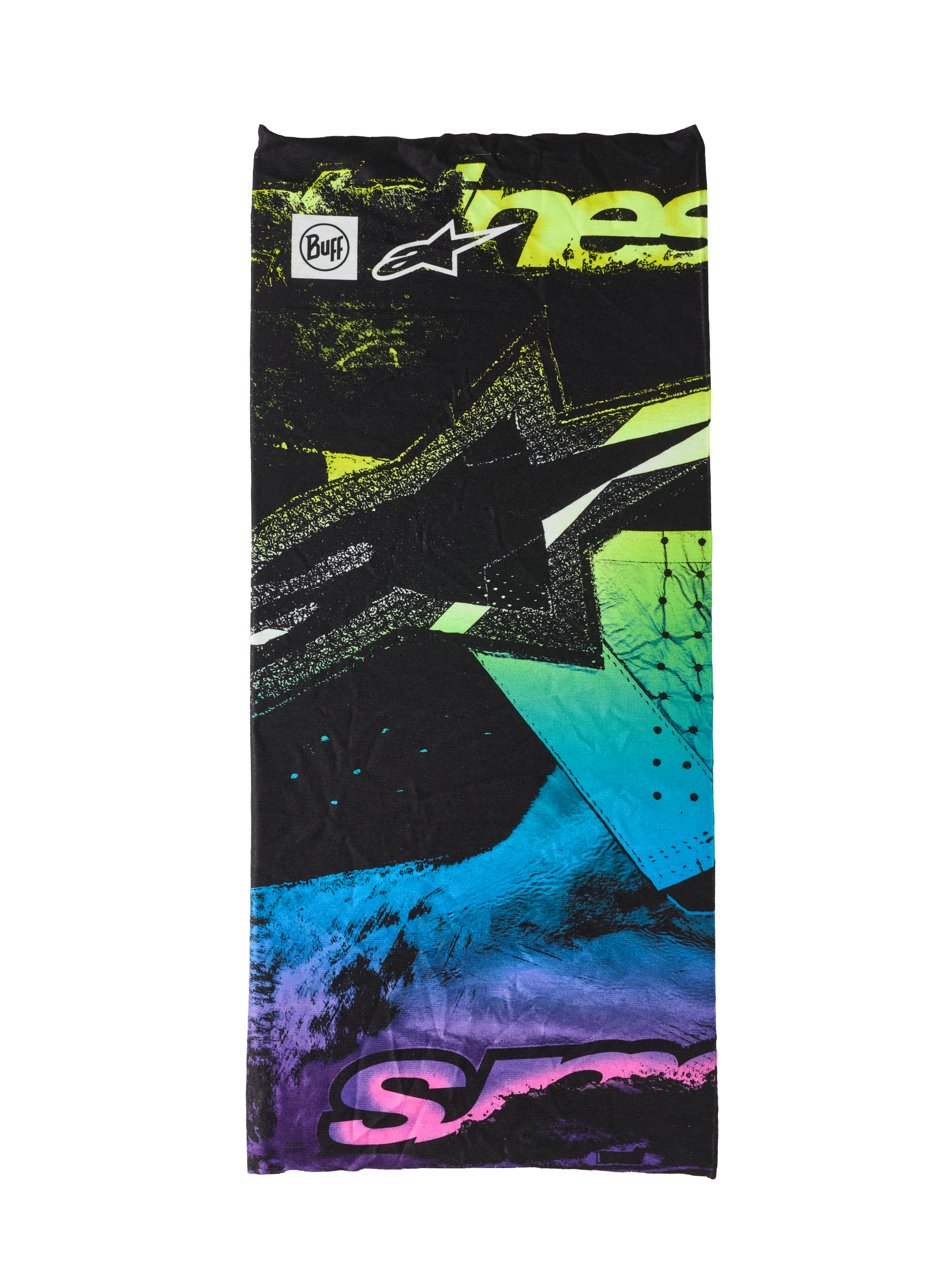 Alpinestars Buff Ignite Neck Tube, preto com grafismos abstratos em cor-de-rosa, amarelo, azul e roxo fluorescentes, com o logótipo da estrela Alpinestars e a marca Buff, pescoceira leve e sem costuras para motociclismo