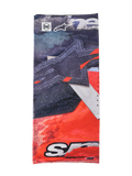 Alpinestars Buff Ignite Neck Tube, gola multifuncional, preto e vermelho vivo com detalhes brancos, com um grafismo de estrela grande, logótipos Alpinestars e Buff, design desportivo para motociclismo