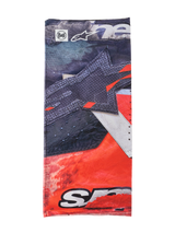 Alpinestars Buff Ignite Neck Tube, gola multifuncional, preto e vermelho vivo com detalhes brancos, com um grafismo de estrela grande, logótipos Alpinestars e Buff, design desportivo para motociclismo