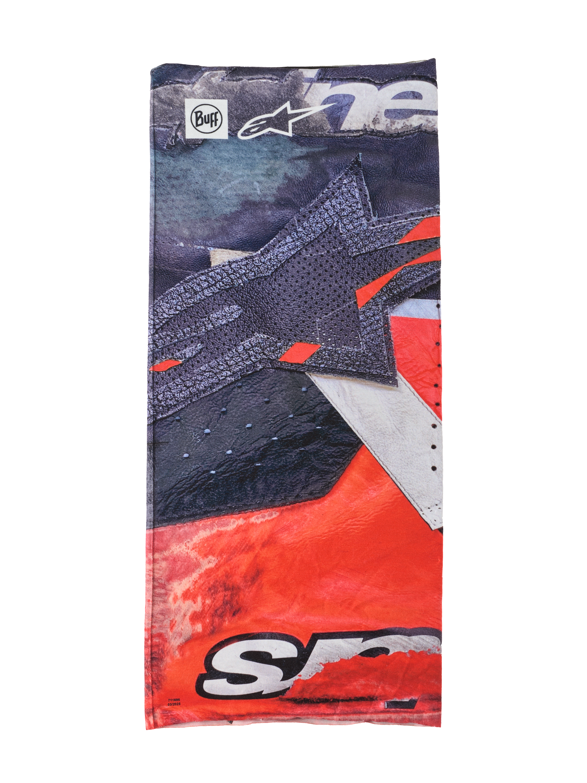 Alpinestars Buff Ignite Neck Tube, gola multifuncional, preto e vermelho vivo com detalhes brancos, com um grafismo de estrela grande, logótipos Alpinestars e Buff, design desportivo para motociclismo