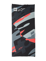 Buff Mogress Neck Tube, multifunctional headwear, abstract pattern in black, gray, light blue and red, smooth fabric with dynamic overlapping shapes, Buff and Alpinestars logos visible