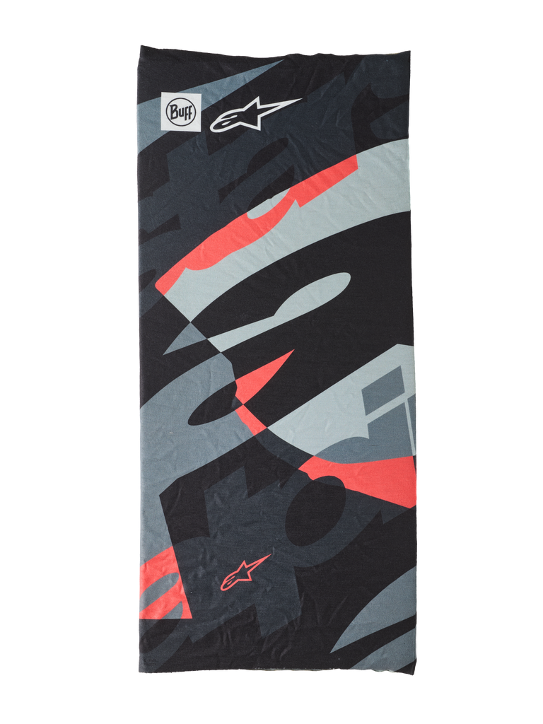 Buff Mogress Neck Tube, multifunctional headwear, abstract pattern in black, gray, light blue and red, smooth fabric with dynamic overlapping shapes, Buff and Alpinestars logos visible