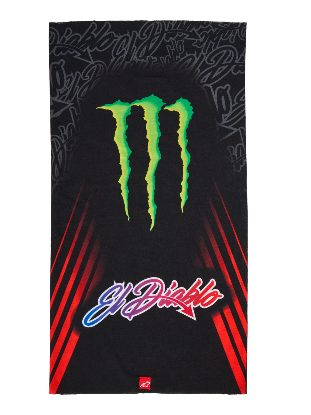 Alpinestars FQ20 Neck Tube Monster, motorcycle neck tube, Black featuring a large green Monster Energy claw logo and 'El Diablo' gradient text, red diagonal racing stripes on the sides, lightweight textile accessory for spring and summer riding