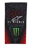 Alpinestars FQ20 Neck Tube Monster, lightweight motorcycle neck tube, Black with Red and Green accents, featuring '20' and 'EL DIABLO' graphics, Monster Energy claw logo, white Alpinestars logo, and red diagonal stripes on a tonal graffiti background