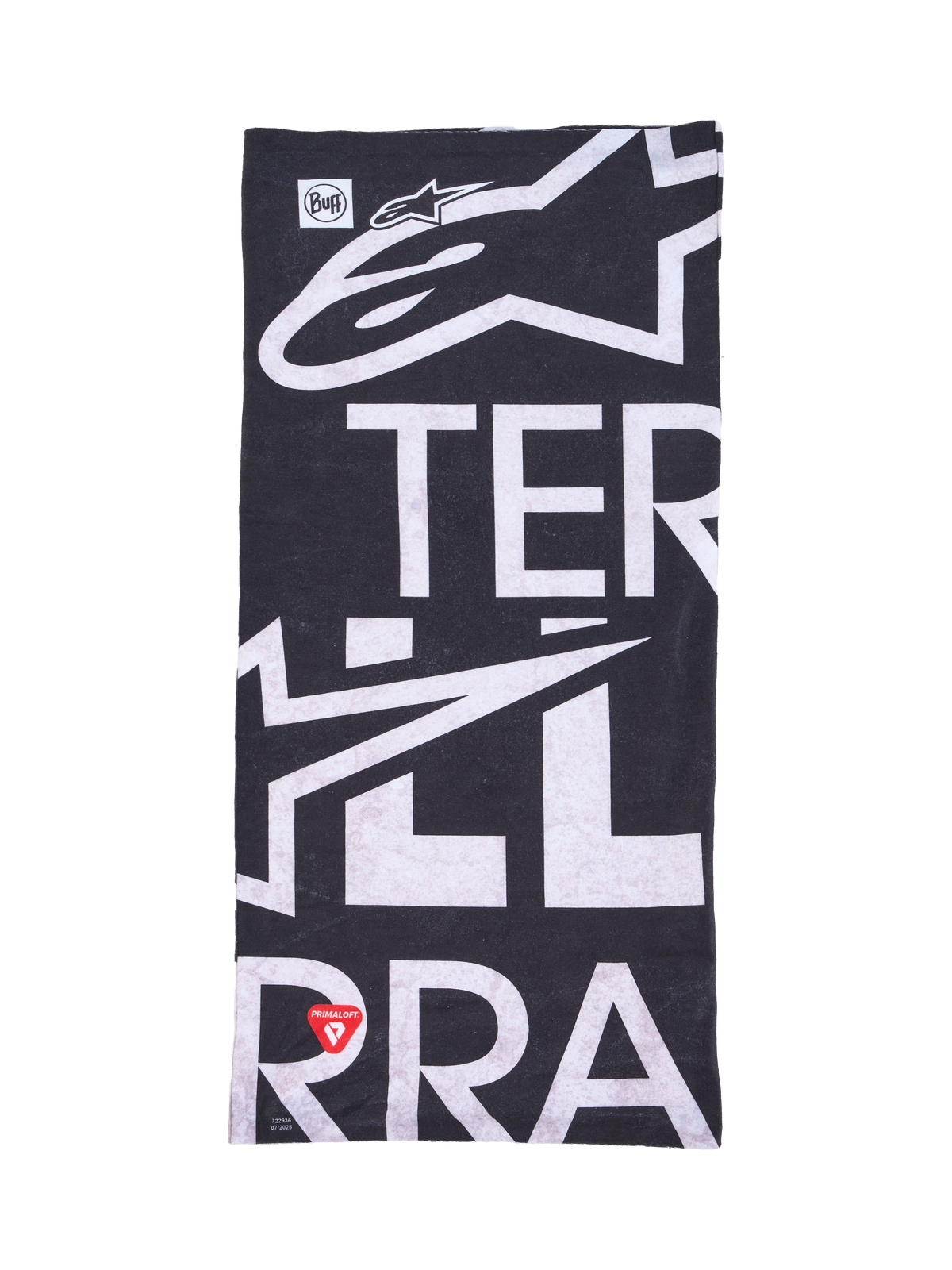 Alpinestars Buff All Terra Primaloft Neck Tube, gola térmica de moto preta e branca com logótipo grande e tecnologia Primaloft