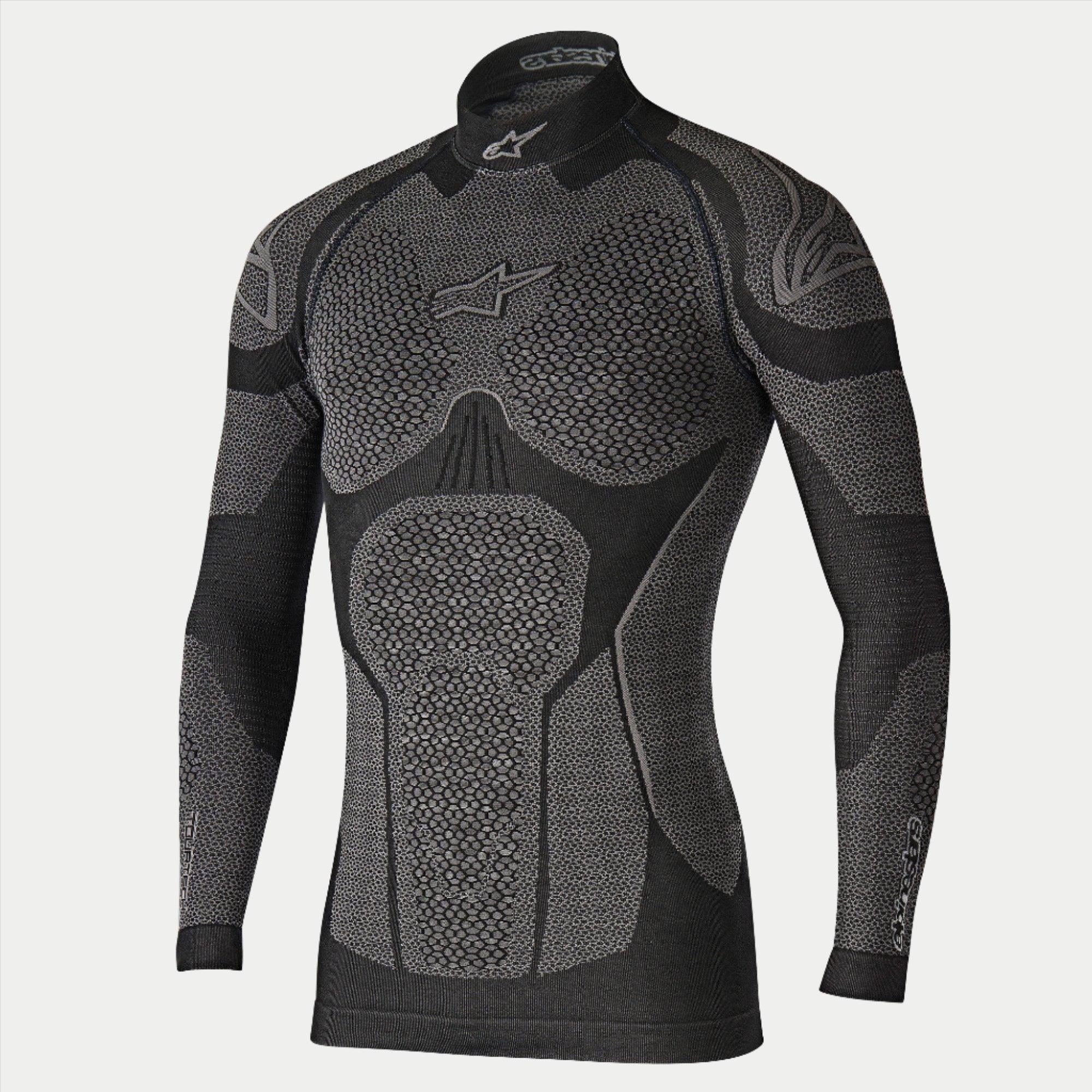 Alpinestars Ride Tech Top Long Sleeve Winter, Motorcycle Base Layer, Black and Gray, technical long-sleeve top with dual-density honeycomb textured panels, compression fit, mock neck with white Alpinestars logo, performance thermal underwear for cold weather