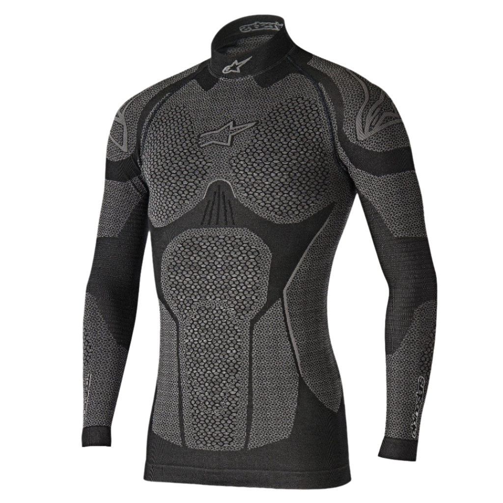 Alpinestars Ride Tech Top Long Sleeve Winter, Technical Base Layer, Black and Gray, featuring honeycomb textured panels, mock neck design, and compression fit for cold weather motorcycle riding