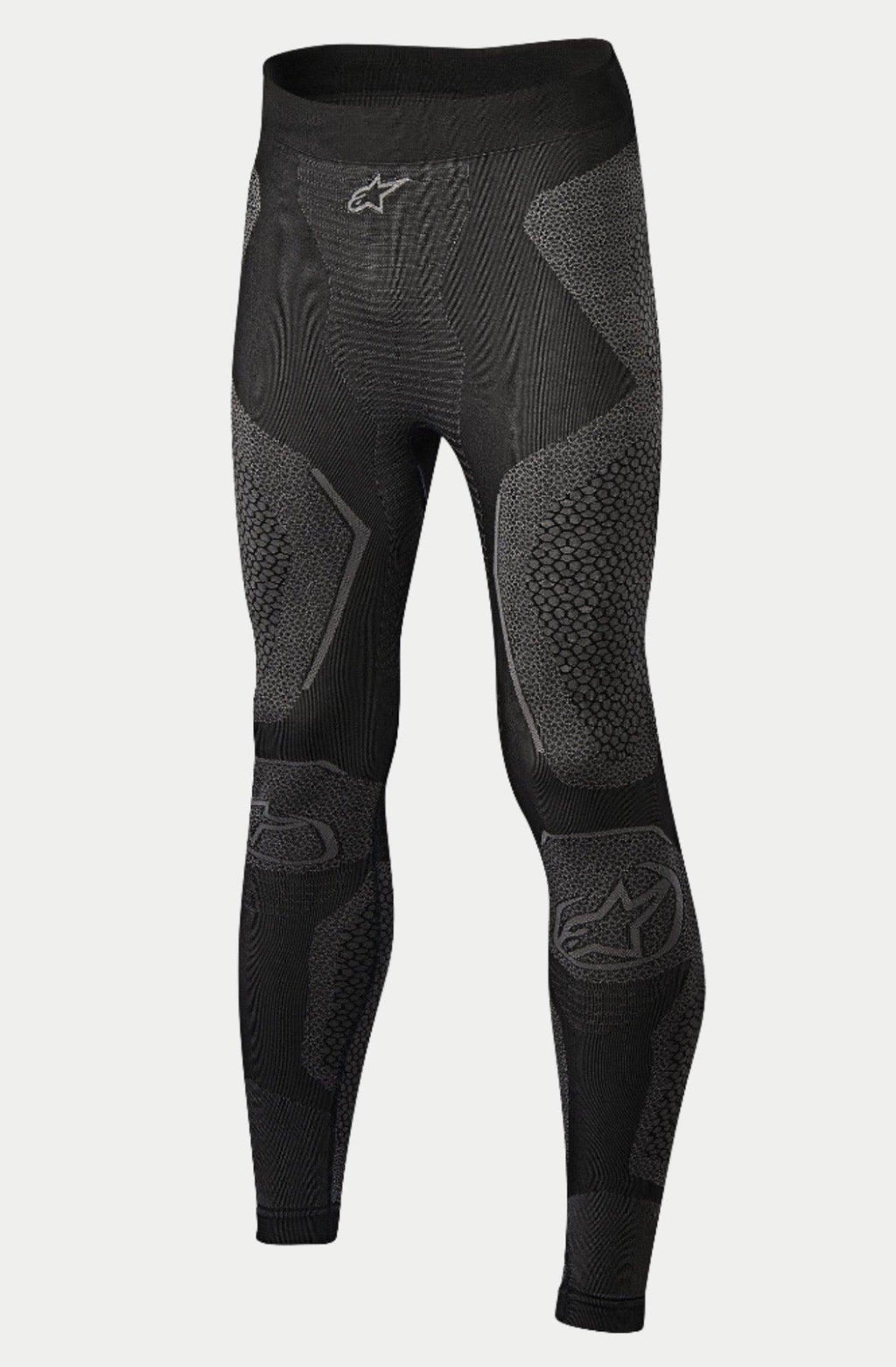 Alpinestars Ride Tech Bottom Winter, calças de camada base para motociclismo, pretas e cinzentas, com painéis de malha de dupla densidade e padrões texturizados, construção sem costuras, logótipos Alpinestars na cintura e nas canelas, concebidas para condução em clima frio