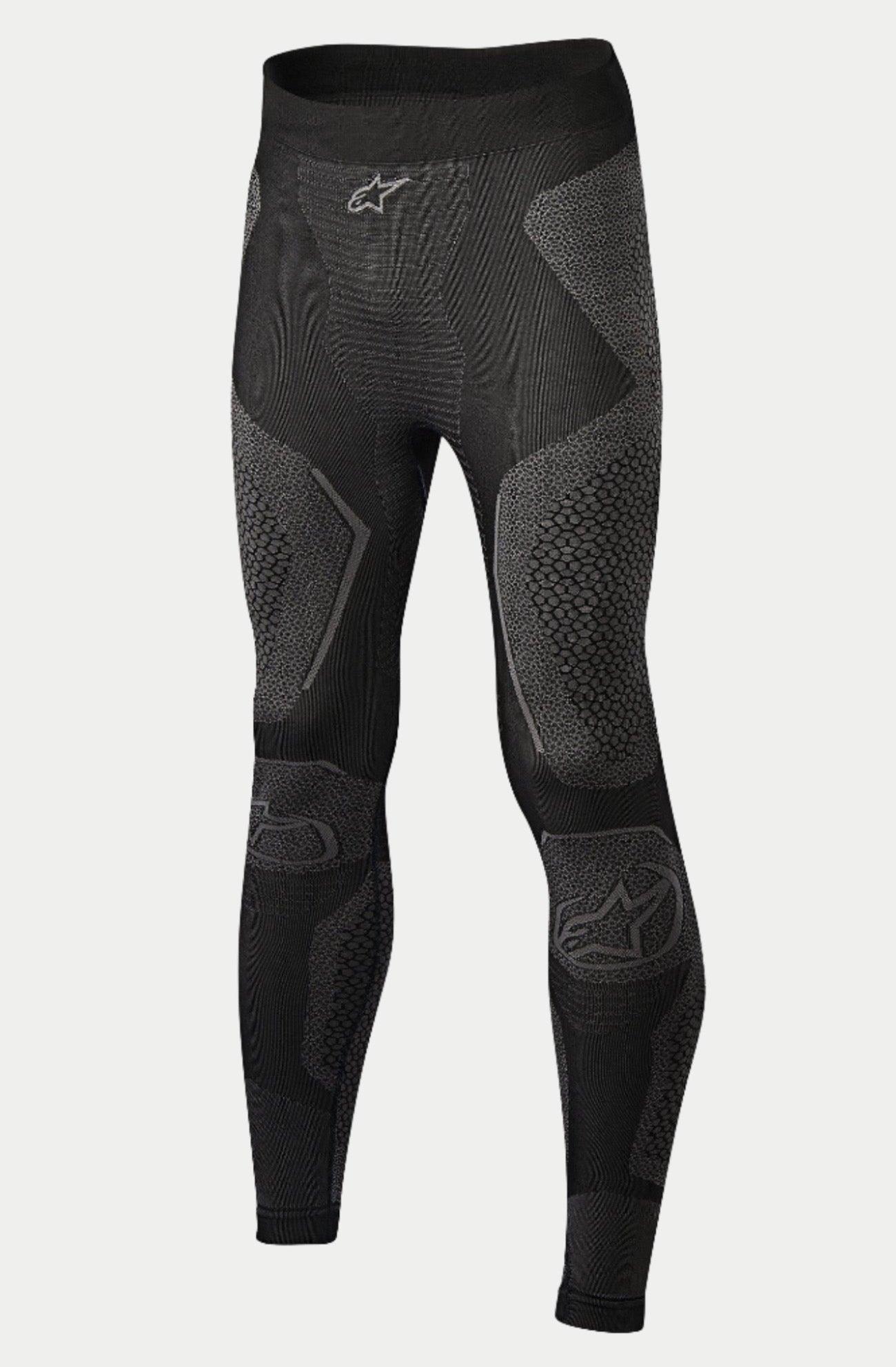Alpinestars Ride Tech Bottom Winter, calças de camada base para motociclismo, pretas e cinzentas, com painéis de malha de dupla densidade e padrões texturizados, construção sem costuras, logótipos Alpinestars na cintura e nas canelas, concebidas para condução em clima frio