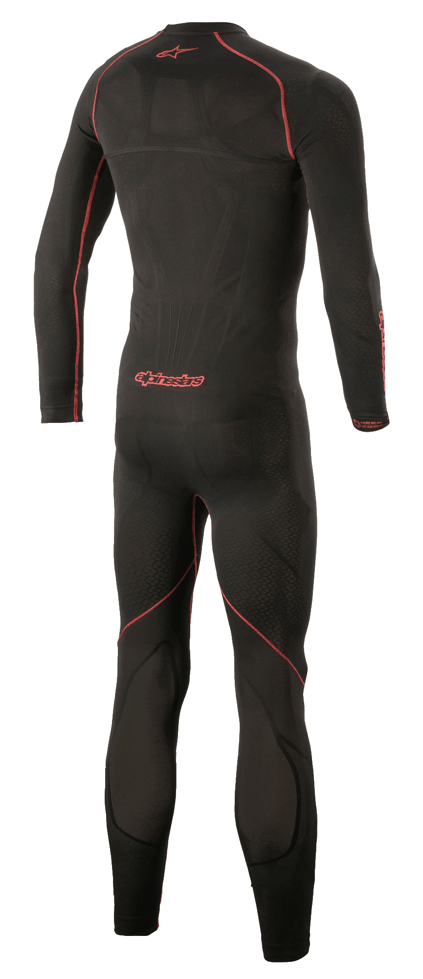 Alpinestars Ride Tech Lite 1-Piece Undersuit, technical motorcycle base layer, Black and Red, back view highlighting red flat-lock seams and Alpinestars logo, seamless compression fit with breathable mesh panels.