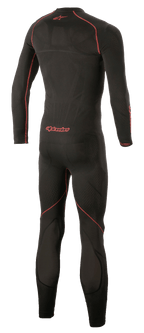 Alpinestars Ride Tech Lite 1-Piece Undersuit, technical motorcycle base layer, Black and Red, back view highlighting red flat-lock seams and Alpinestars logo, seamless compression fit with breathable mesh panels.