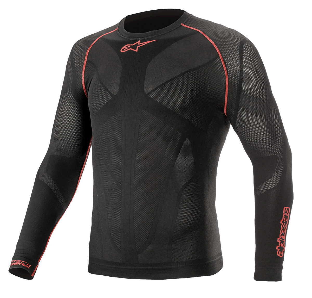 Alpinestars Ride Tech V2 Top Long Sleeve Summer, camada de base para motociclismo, preto e vermelho, com painéis de malha respirável de mapeamento corporal, costuras planas vermelhas nos ombros e logótipos Alpinestars no peito e na manga