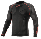 Alpinestars Ride Tech V2 Top Long Sleeve Summer, Motorcycle Base Layer, Black and Red, featuring breathable body-mapped mesh panels, red flatlock stitching on shoulders, and Alpinestars logos on the chest and sleeve