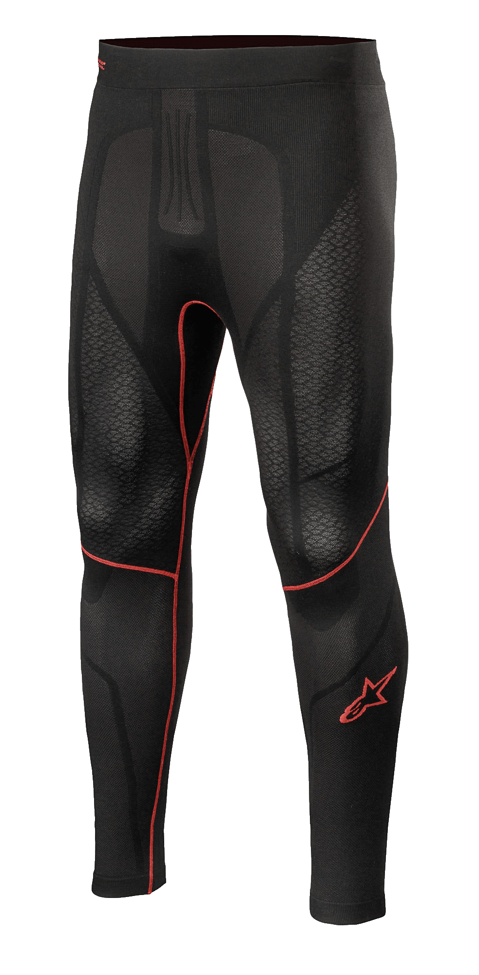 Alpinestars Ride Tech V2 Bottom Summer, calças de camada base para motociclismo, pretas com detalhes vermelhos, painéis de malha texturizada, logótipo de estrela vermelha na perna, camada de compressão respirável de alta performance