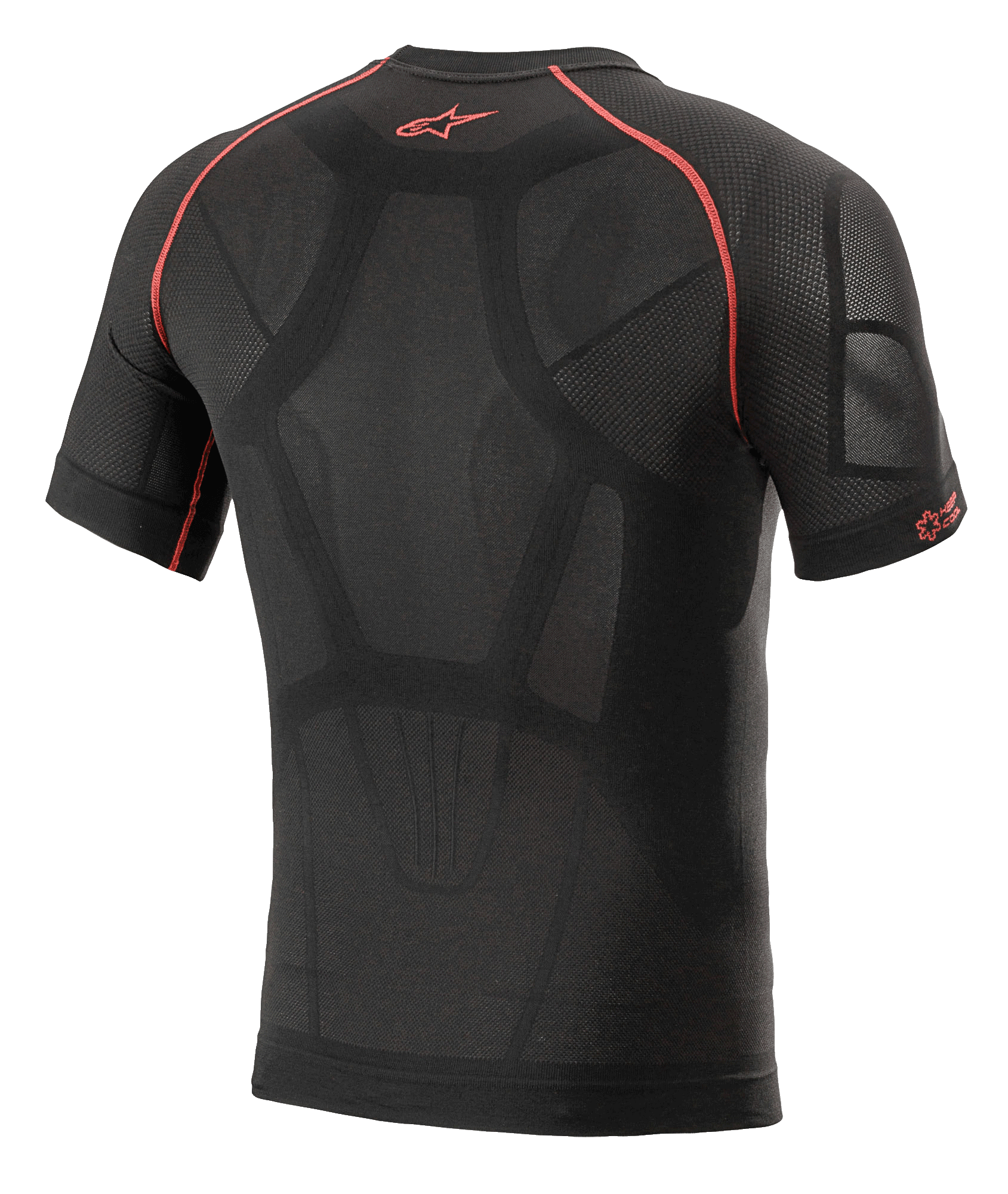 Alpinestars Ride Tech V2 Top Manga Curta Summer, camada de base para motociclismo, preto e vermelho, vista traseira com construção mapeada no corpo, painéis de ventilação em malha, costuras em contraste vermelhas e logótipo Astars vermelho na parte superior das costas