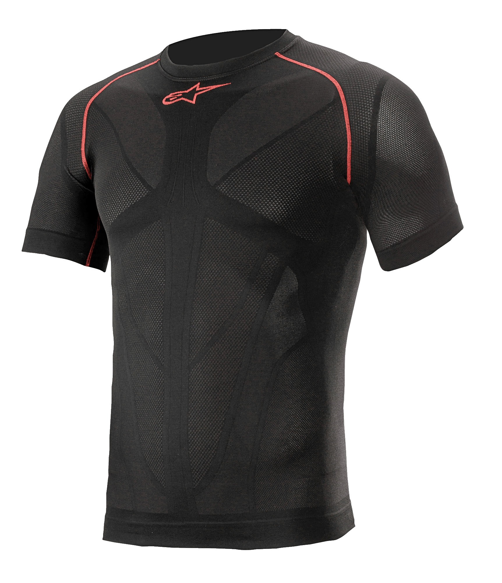 Alpinestars Ride Tech V2 Top Short Sleeve Summer, preto com detalhes vermelhos, camada de base de motociclismo de manga curta, ajuste de compressão com painéis de ventilação em malha mapeados no corpo, vestuário de desempenho técnico para condução em estrada e pista no verão