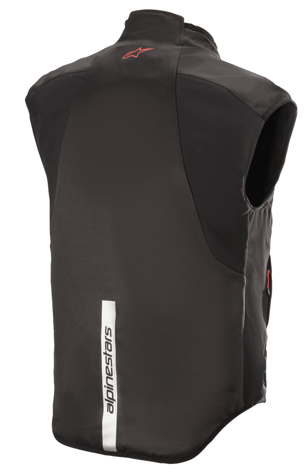 Colete HT Heat Tech Alpinestars, Preto, vista traseira com um logótipo Astars vermelho na parte superior das costas e uma faixa refletora branca vertical com a marca Alpinestars na parte inferior das costas, camada interior térmica para motociclismo