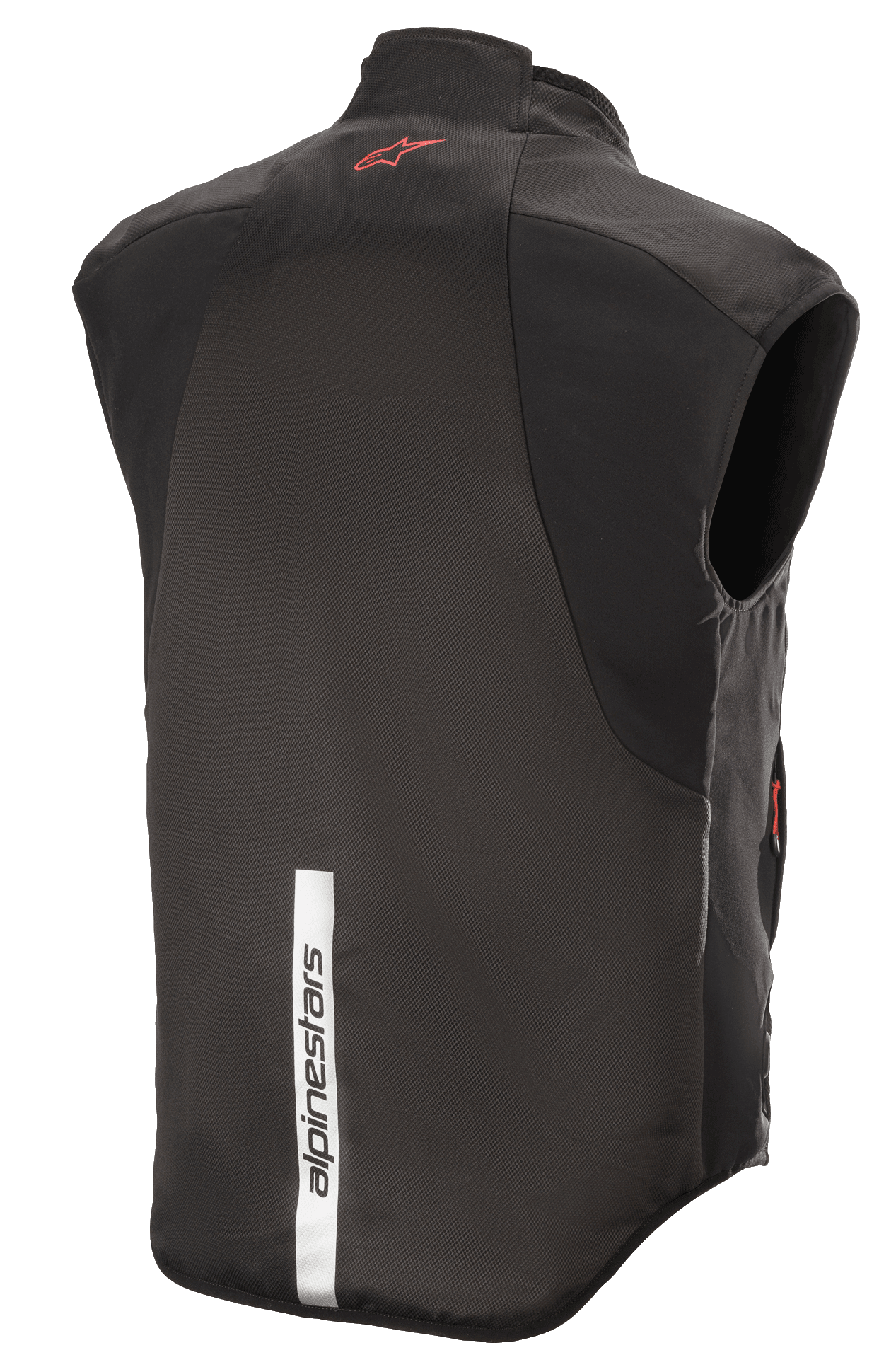 Colete HT Heat Tech Alpinestars, Preto, vista traseira com um logótipo Astars vermelho na parte superior das costas e uma faixa refletora branca vertical com a marca Alpinestars na parte inferior das costas, camada interior térmica para motociclismo