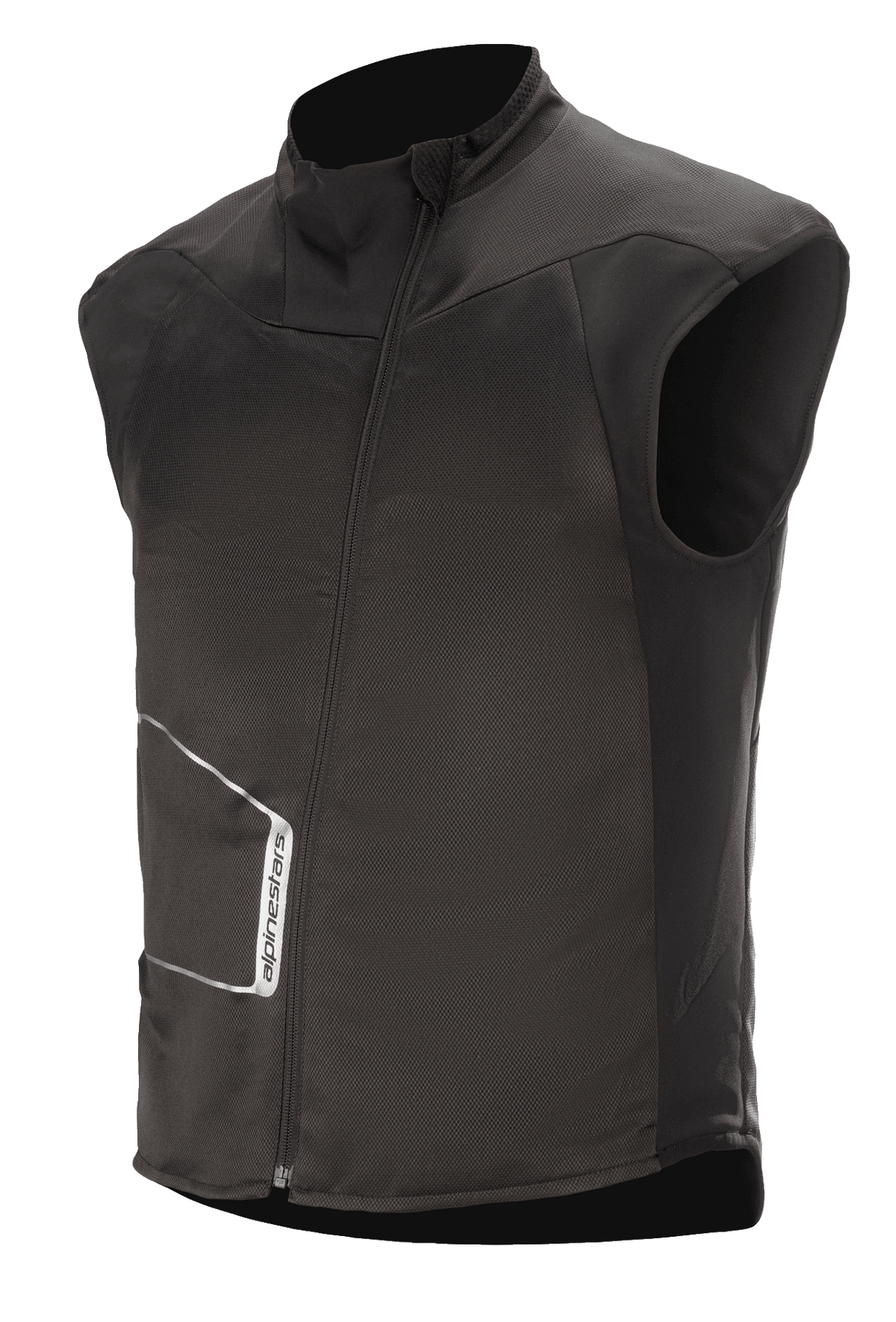 Alpinestars HT Heat Tech Vest, Black sleeveless heated motorcycle base layer, high collar with asymmetric angled front zipper, technical textile construction with white Alpinestars logo, thermal underlayer for winter adventure and road touring
