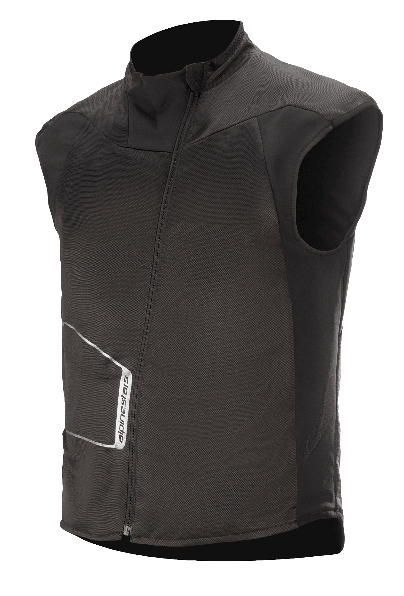 Alpinestars HT Heat Tech Vest, colete térmico de motociclismo sem mangas, preto, gola alta com fecho frontal angular assimétrico, construção em tecido técnico com logótipo Alpinestars branco, camada térmica para aventuras de inverno e mototurismo