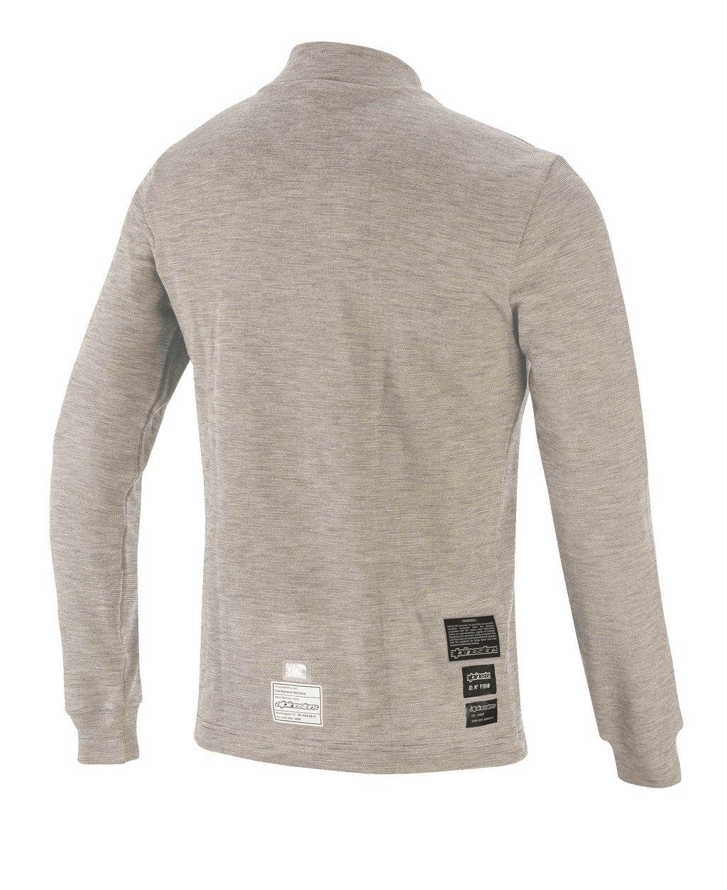 Alpinestars Race V3 Long Sleeve Top, camada base para automobilismo, cinzento melange, vista traseira apresentando tecido técnico resistente ao fogo e emblemas de certificação FIA perto da bainha