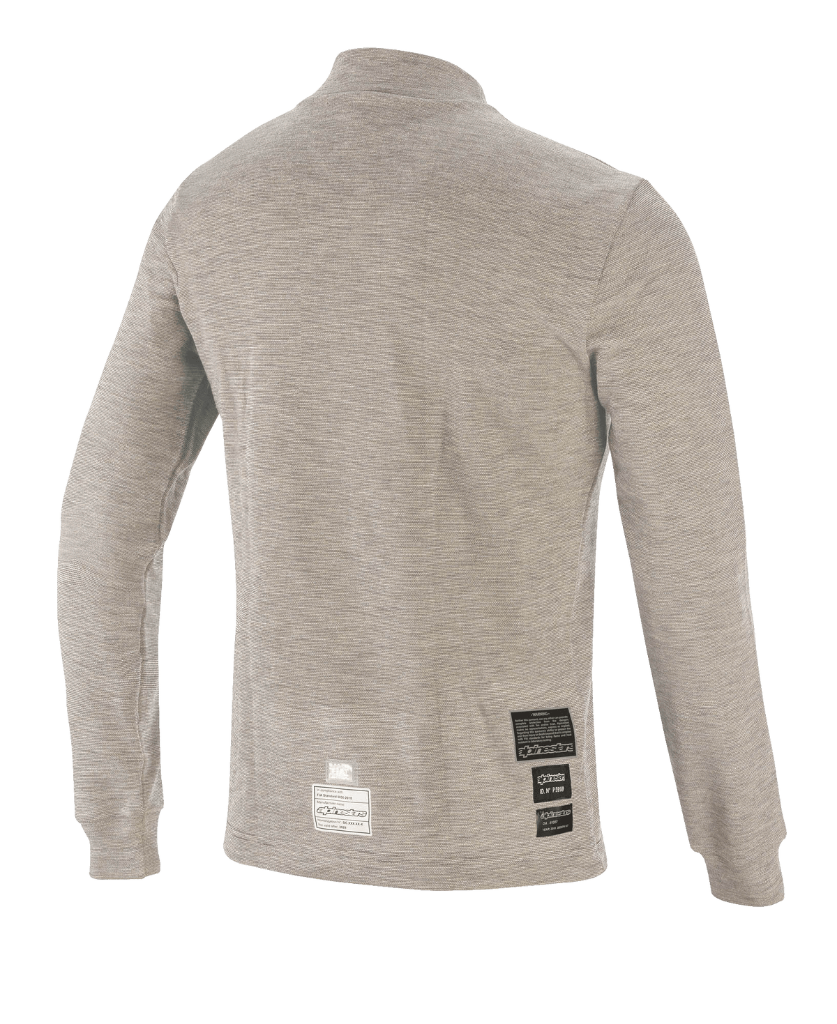 Alpinestars Race V3 Long Sleeve Top, camada base para automobilismo, cinzento melange, vista traseira apresentando tecido técnico resistente ao fogo e emblemas de certificação FIA perto da bainha