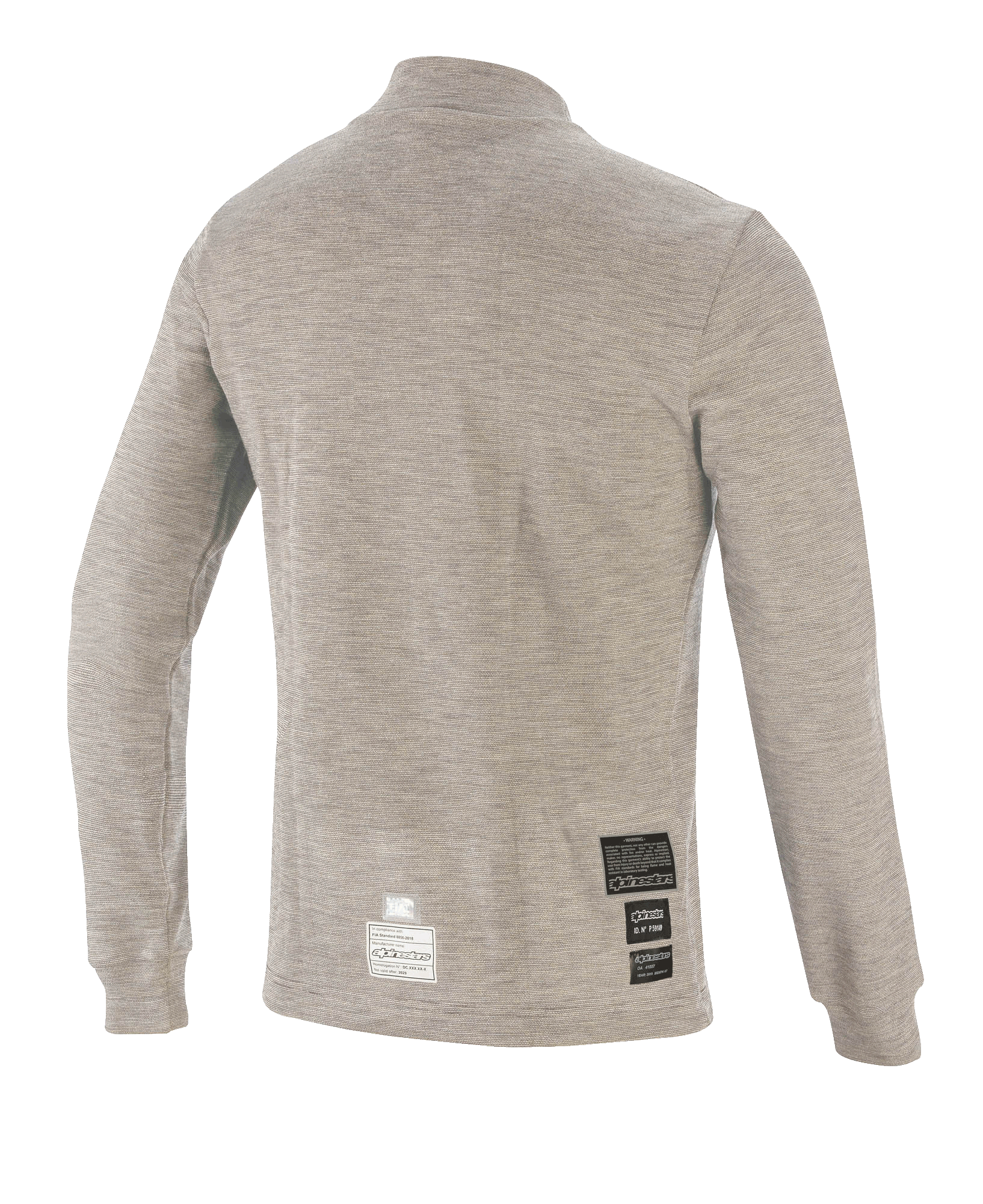 Alpinestars Race V3 Long Sleeve Top, camada base para automobilismo, cinzento melange, vista traseira apresentando tecido técnico resistente ao fogo e emblemas de certificação FIA perto da bainha