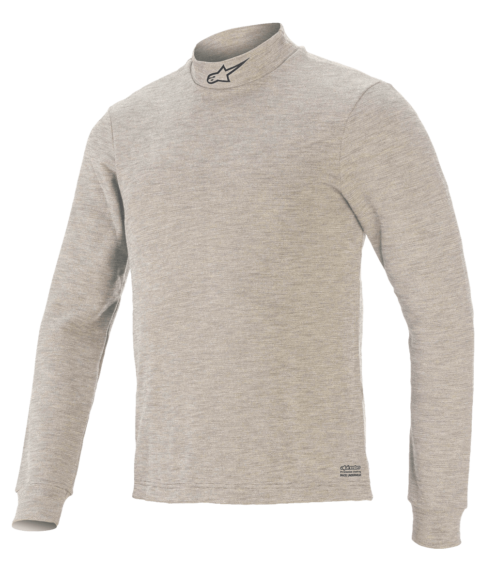 Top de Manga Comprida Alpinestars Race V3, camada base para automobilismo, cinzento, com gola subida e logótipo de estrela preto, mangas compridas, tecido texturizado resistente ao fogo e marca Alpinestars na bainha