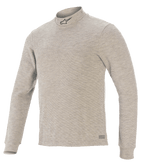 Top de Manga Comprida Alpinestars Race V3, camada base para automobilismo, cinzento, com gola subida e logótipo de estrela preto, mangas compridas, tecido texturizado resistente ao fogo e marca Alpinestars na bainha