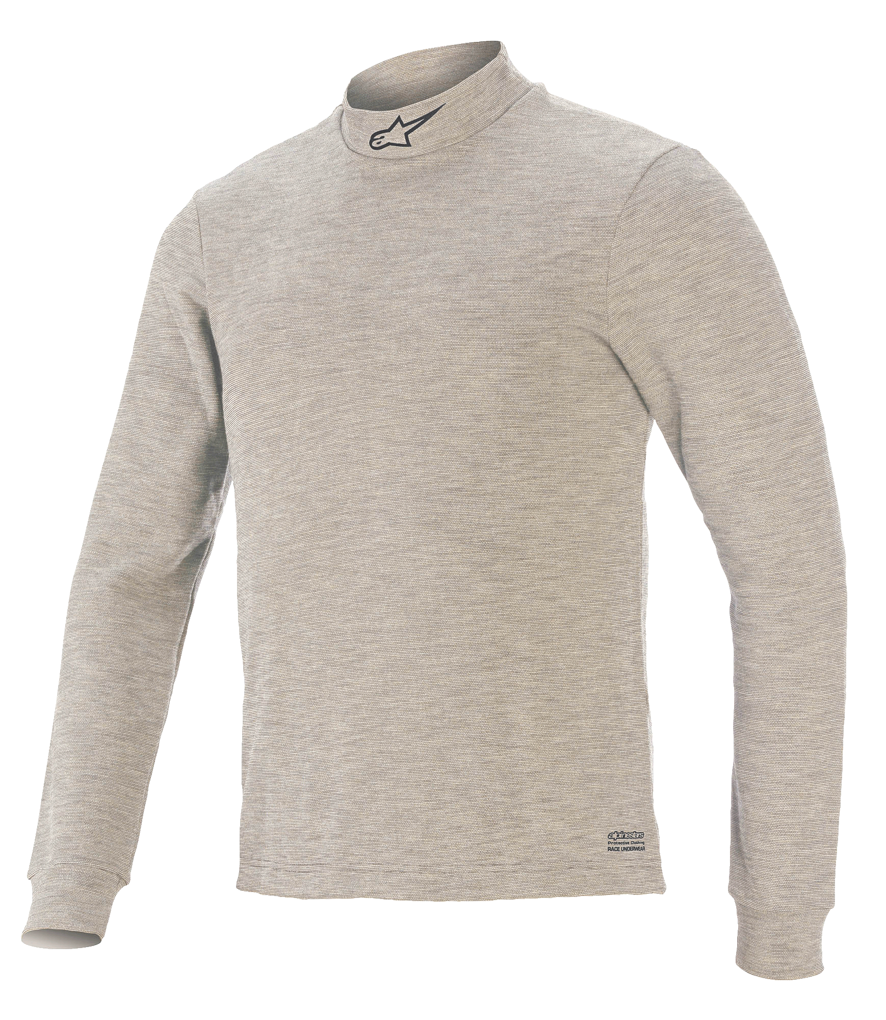 Top de Manga Comprida Alpinestars Race V3, camada base para automobilismo, cinzento, com gola subida e logótipo de estrela preto, mangas compridas, tecido texturizado resistente ao fogo e marca Alpinestars na bainha