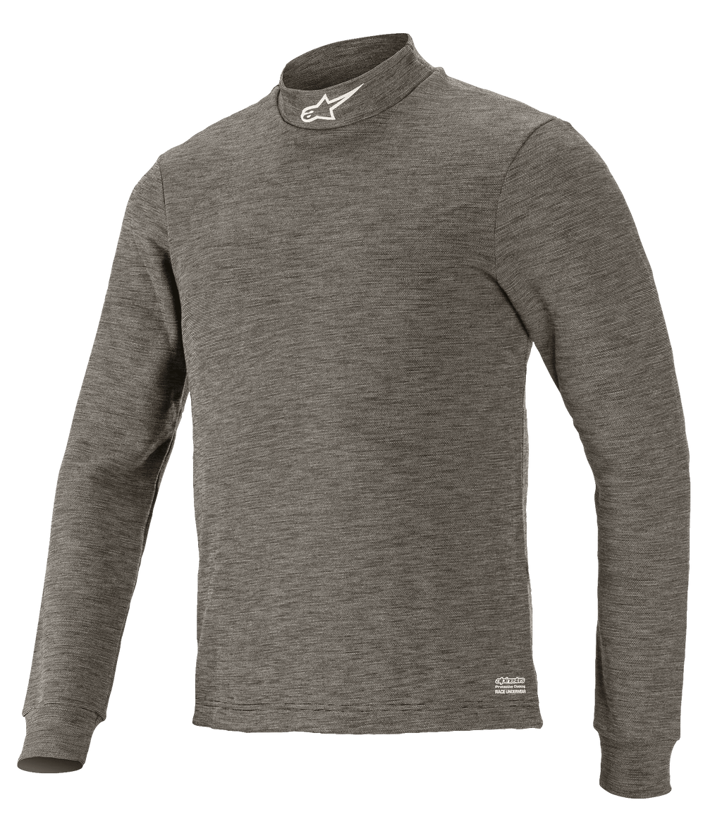 Alpinestars Race V3 Long Sleeve Top, camada base técnica para automobilismo, cinzento Anthracite Melange, gola subida com logótipo de estrela branco, mangas compridas, tecido mesclado resistente ao fogo, subcamada profissional para corridas de automóveis
