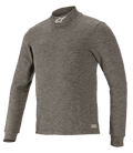 Alpinestars Race V3 Long Sleeve Top, camada base técnica para automobilismo, cinzento Anthracite Melange, gola subida com logótipo de estrela branco, mangas compridas, tecido mesclado resistente ao fogo, subcamada profissional para corridas de automóveis