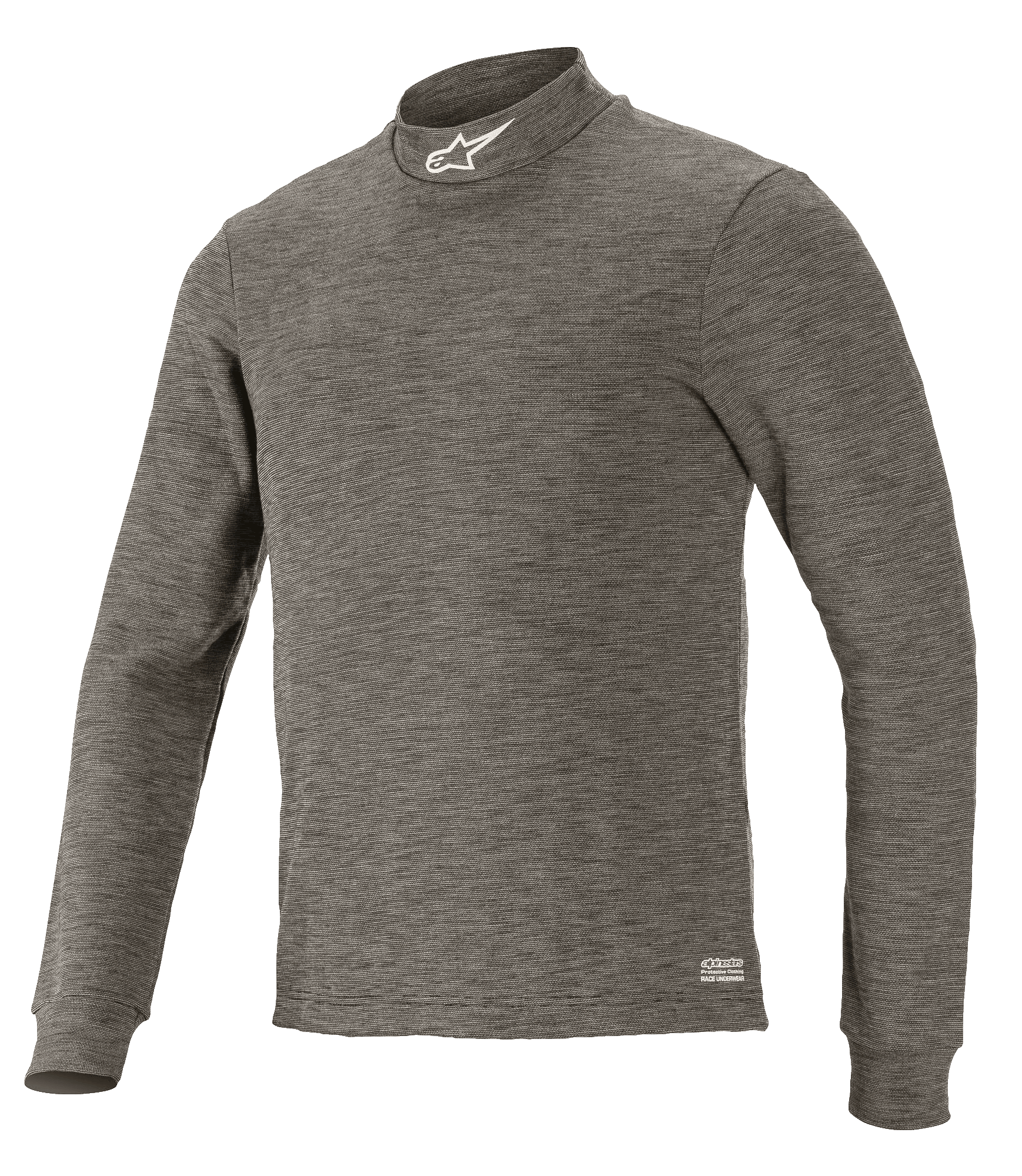 Alpinestars Race V3 Long Sleeve Top, camada base técnica para automobilismo, cinzento Anthracite Melange, gola subida com logótipo de estrela branco, mangas compridas, tecido mesclado resistente ao fogo, subcamada profissional para corridas de automóveis