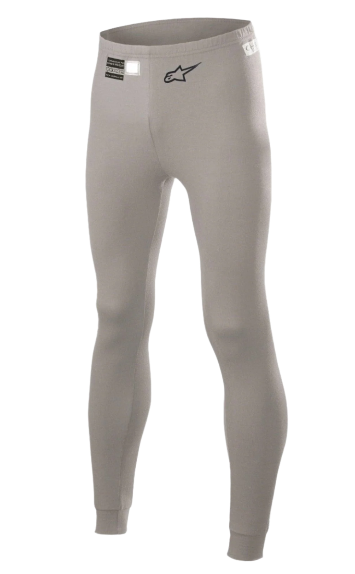 Alpinestars Race V2 Bottom FIA, calças de camada base para automobilismo, cinzento médio, com logótipo Alpinestars preto e etiqueta de homologação FIA na cintura, design justo em material resistente a chamas