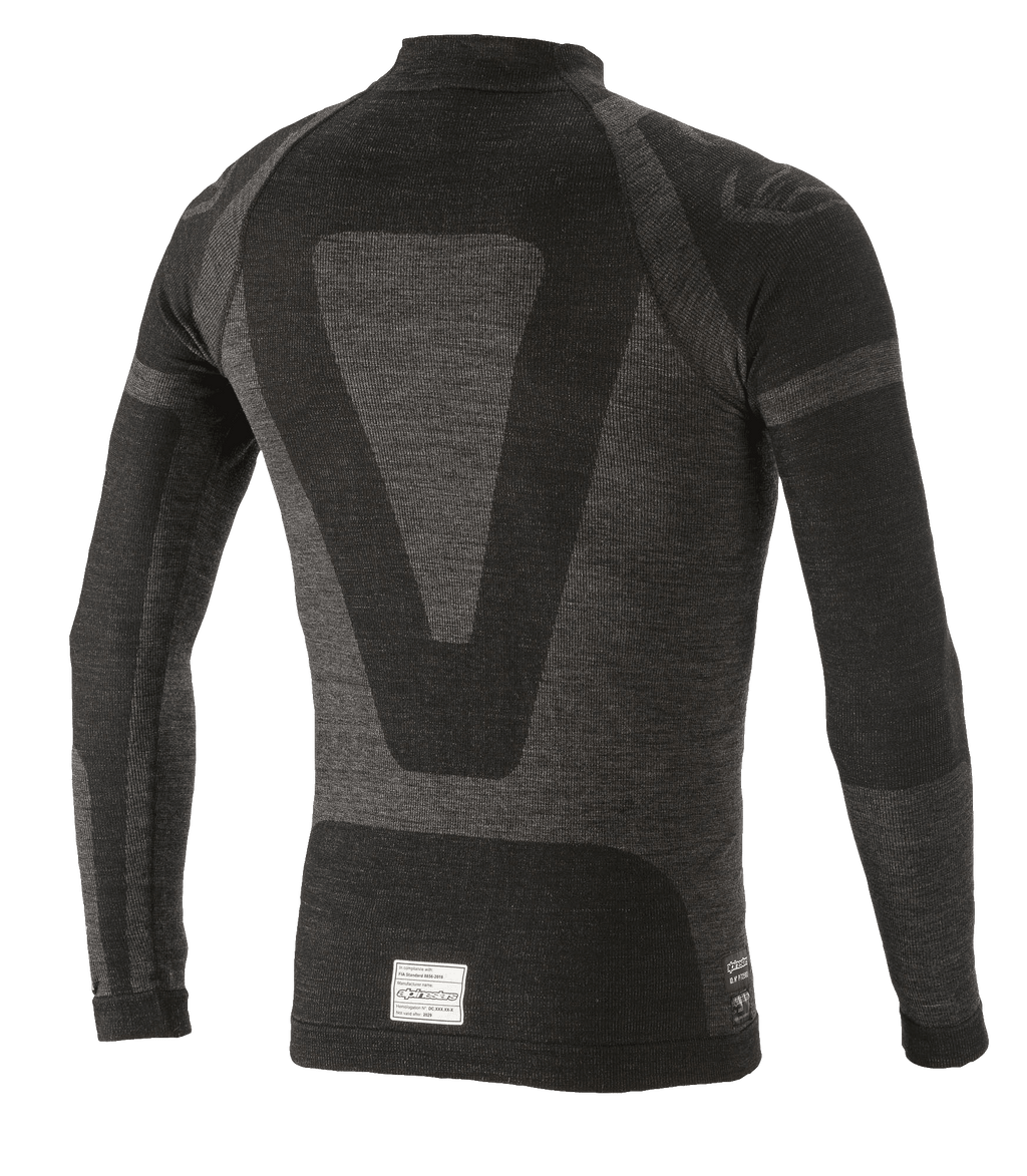 Alpinestars ZX Evo V2 Long Sleeve Top, roupa interior de automobilismo, preto e cinzento, vista traseira com design técnico em jacquard, construção tubular sem costuras e etiqueta de certificação FIA/SFI na bainha