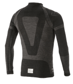 Alpinestars ZX Evo V2 Long Sleeve Top, roupa interior de automobilismo, preto e cinzento, vista traseira com design técnico em jacquard, construção tubular sem costuras e etiqueta de certificação FIA/SFI na bainha