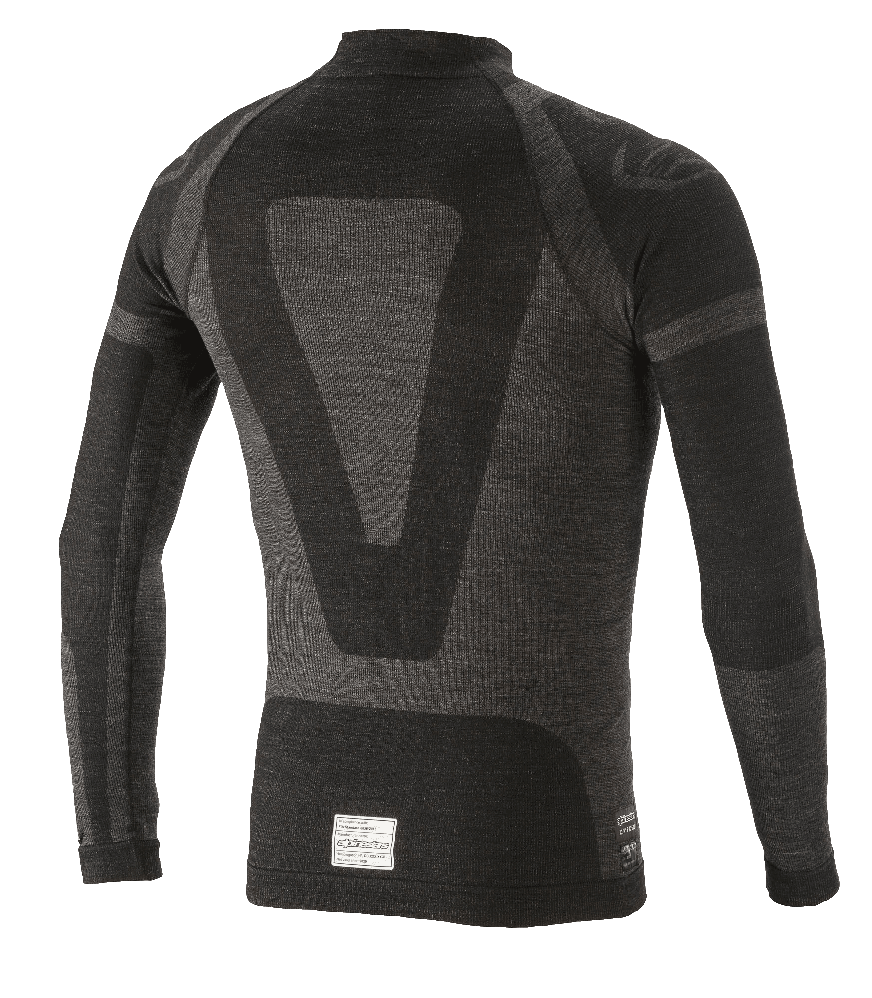 Alpinestars ZX Evo V2 Long Sleeve Top, roupa interior de automobilismo, preto e cinzento, vista traseira com design técnico em jacquard, construção tubular sem costuras e etiqueta de certificação FIA/SFI na bainha