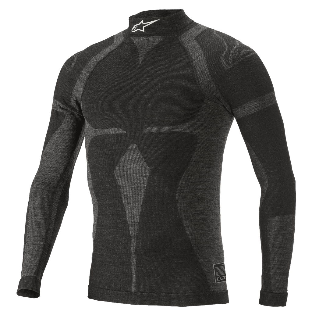 Alpinestars ZX Evo V2 Long Sleeve Top, camisola de base para automobilismo, preto e cinzento, gola alta com logótipo branco, padrão com motivo jacquard, vestuário técnico de corte justo com textura de malha leve