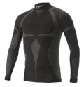 Alpinestars ZX Evo V2 Long Sleeve Top, camisola de base para automobilismo, preto e cinzento, gola alta com logótipo branco, padrão com motivo jacquard, vestuário técnico de corte justo com textura de malha leve