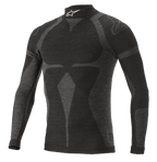 Alpinestars ZX Evo V2 Long Sleeve Top, camisola de base para automobilismo, preto e cinzento, gola alta com logótipo branco, padrão com motivo jacquard, vestuário técnico de corte justo com textura de malha leve
