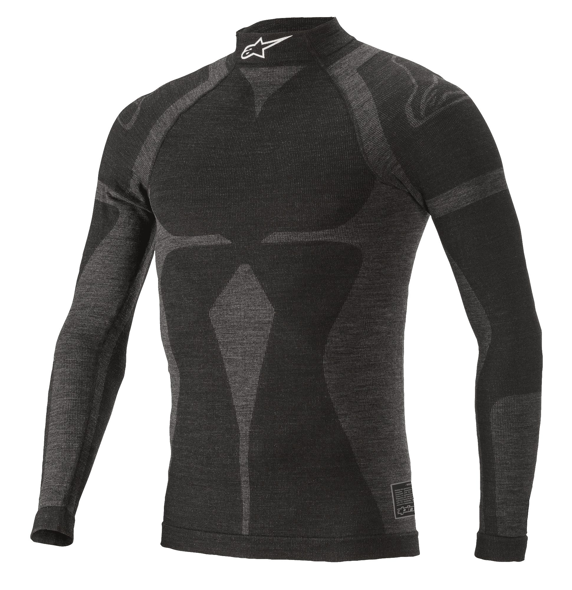 Alpinestars ZX Evo V2 Long Sleeve Top, camisola de base para automobilismo, preto e cinzento, gola alta com logótipo branco, padrão com motivo jacquard, vestuário técnico de corte justo com textura de malha leve