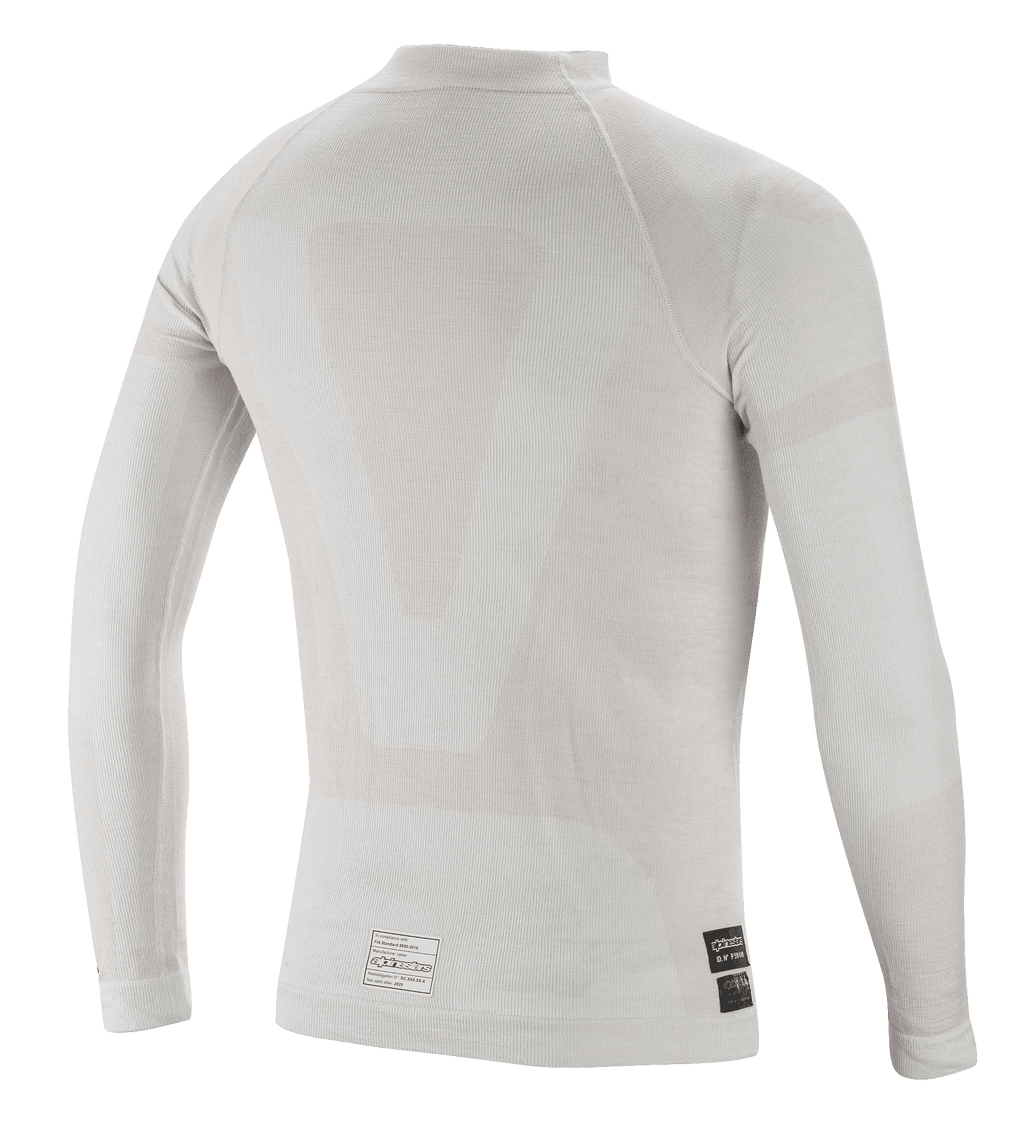 Alpinestars ZX Evo V2 Long Sleeve Top, camada base para automobilismo, cinzento e branco, vista traseira com construção tubular leve sem costuras e etiquetas de certificação FIA na bainha inferior