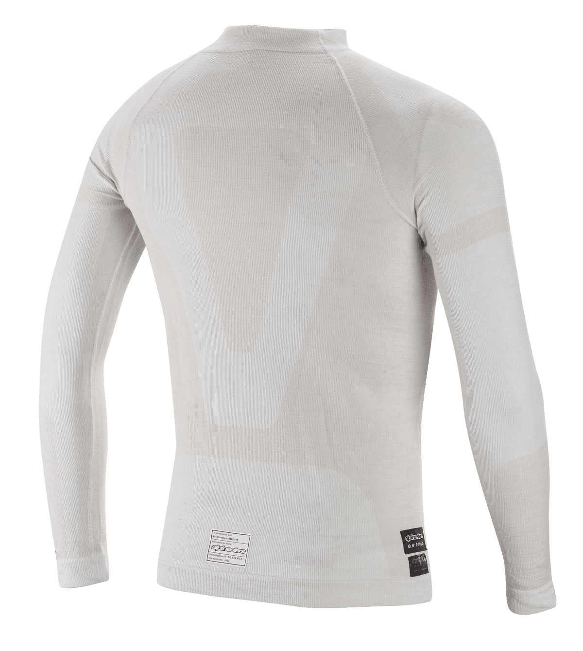 Alpinestars ZX Evo V2 Long Sleeve Top, camada base para automobilismo, cinzento e branco, vista traseira com construção tubular leve sem costuras e etiquetas de certificação FIA na bainha inferior
