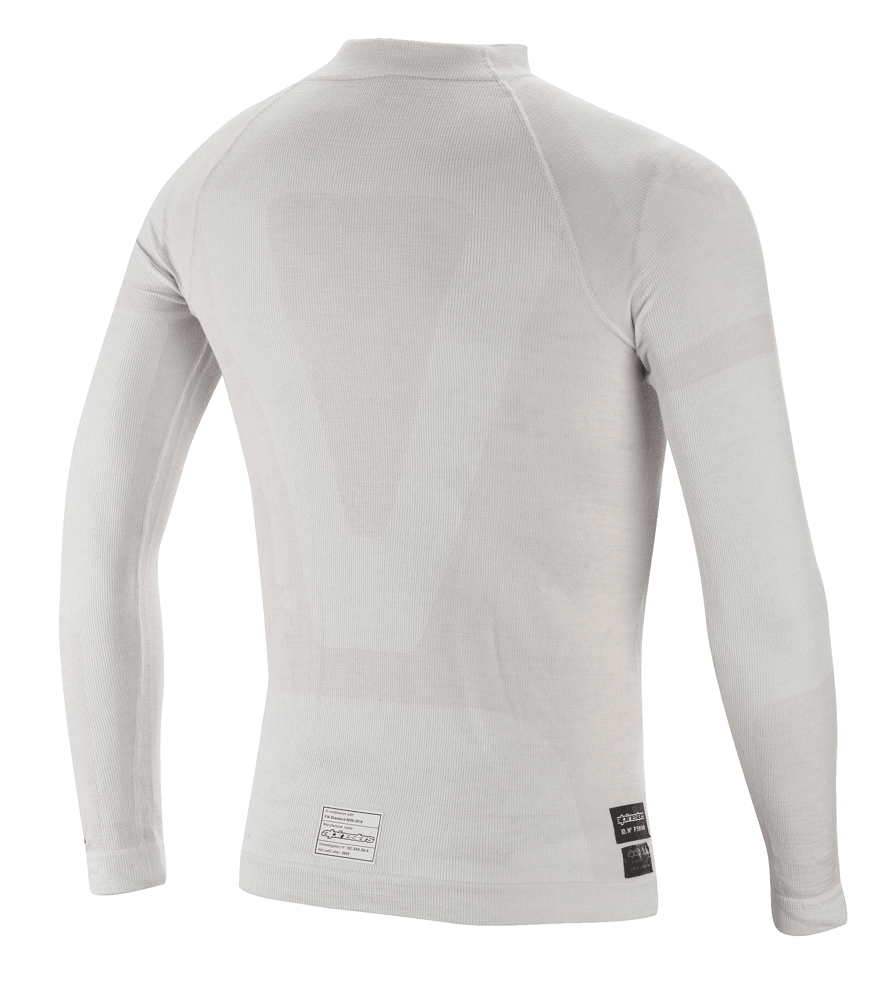 Alpinestars ZX Evo V2 Long Sleeve Top, camada base para automobilismo, cinzento e branco, vista traseira com construção tubular leve sem costuras e etiquetas de certificação FIA na bainha inferior