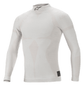 Alpinestars ZX Evo V2 Top de Manga Comprida, branco e cinzento, camada base para automobilismo resistente ao fogo, gola alta com logótipo Astars preto, construção sem costuras com padrão jacquard, roupa interior de performance leve e ajustada