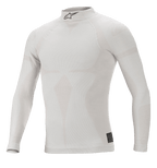 Alpinestars ZX Evo V2 Top de Manga Comprida, branco e cinzento, camada base para automobilismo resistente ao fogo, gola alta com logótipo Astars preto, construção sem costuras com padrão jacquard, roupa interior de performance leve e ajustada